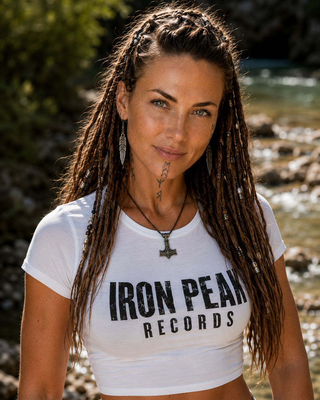 Gyda trägt das weiße Iron Peak Records T-Shirt