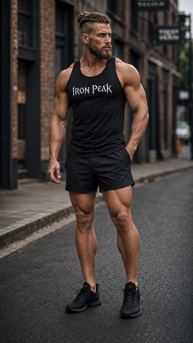 Ivar trägt das schwarze Iron Peak Tank Top mit dem gotischen Logo