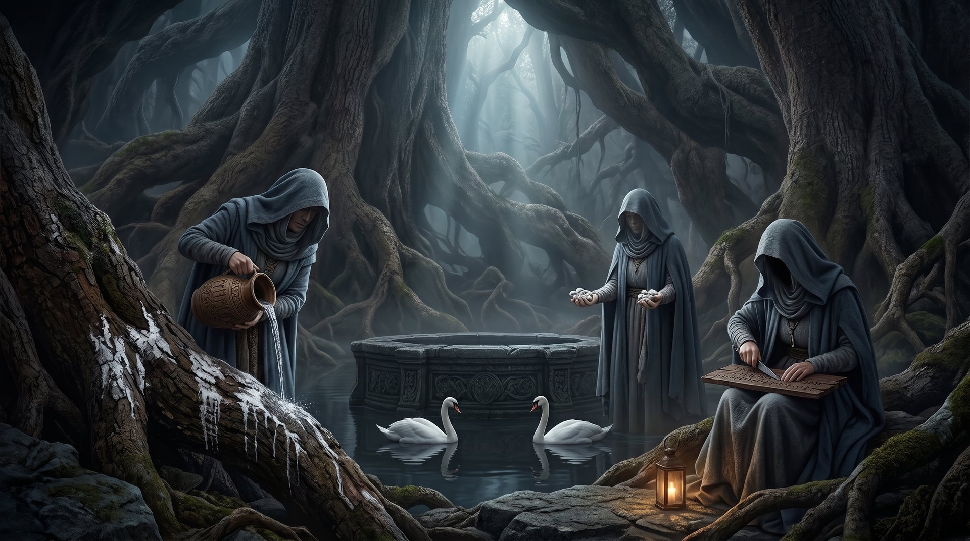 Die Nornen — Urðr, Verðandi und Skuld am Urðarbrunnr